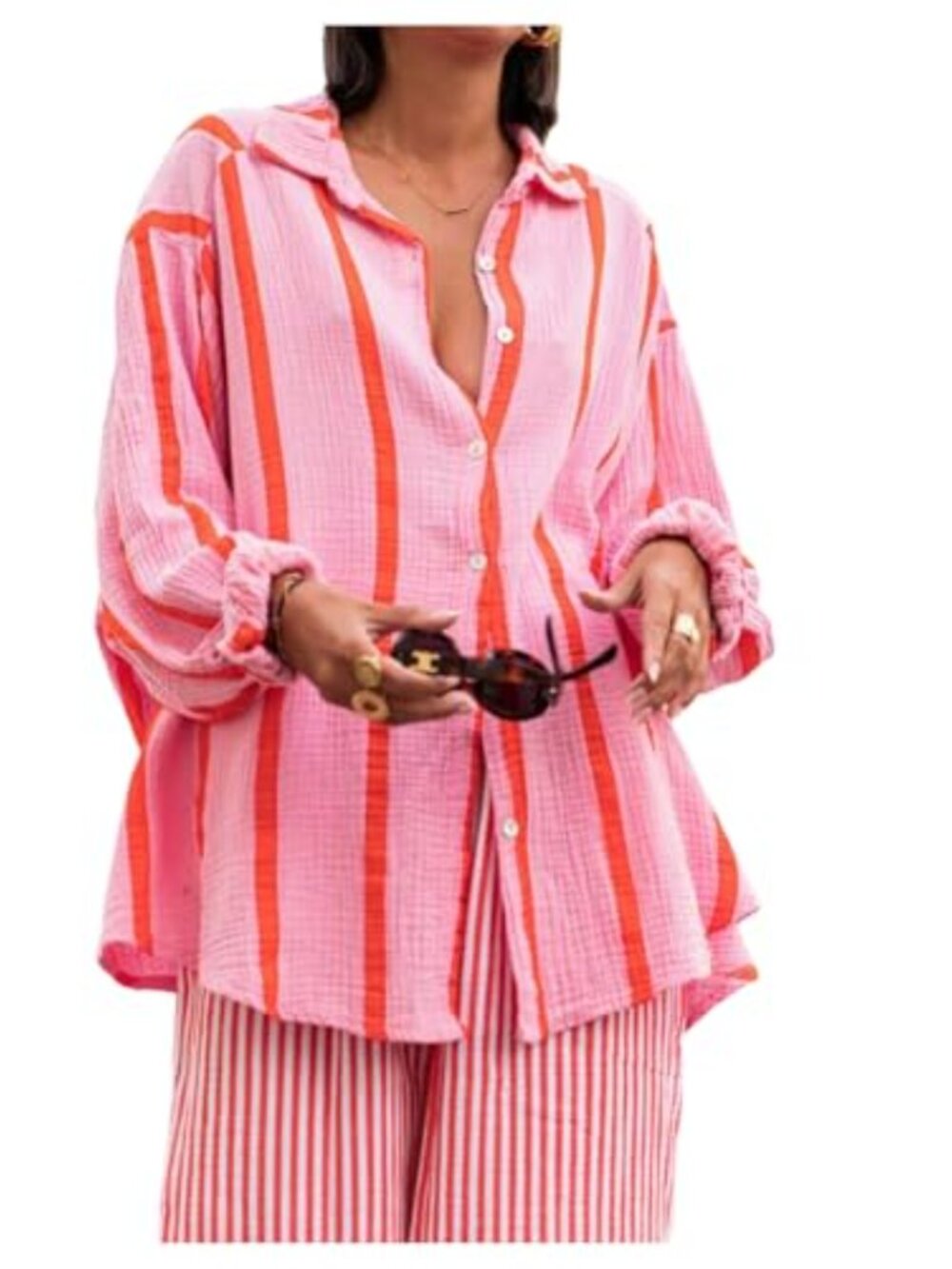 Striped Button Down Blouse Long Sleeve Collared Oversized Casual Top
